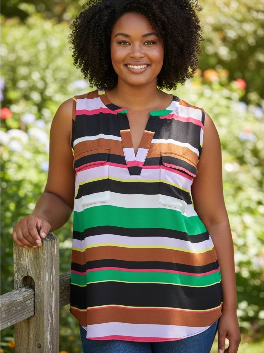 Worthington Woman 1X Multicolor Striped Sleeveless Blouse